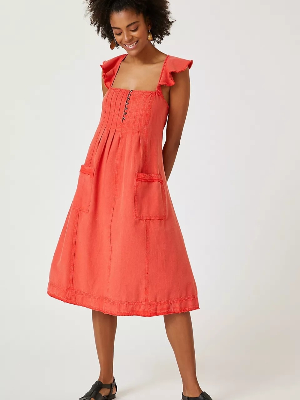 Pilcro Coral-Red Midi Dress with Ruffle Straps